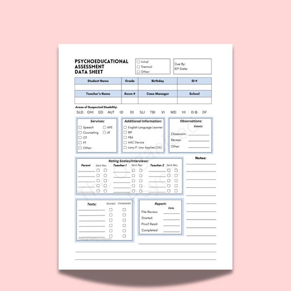 Psychoeducational IEP Evaluation Data Tracker, School Psych Office Organization, Assessment Data Collection for School Psychologists