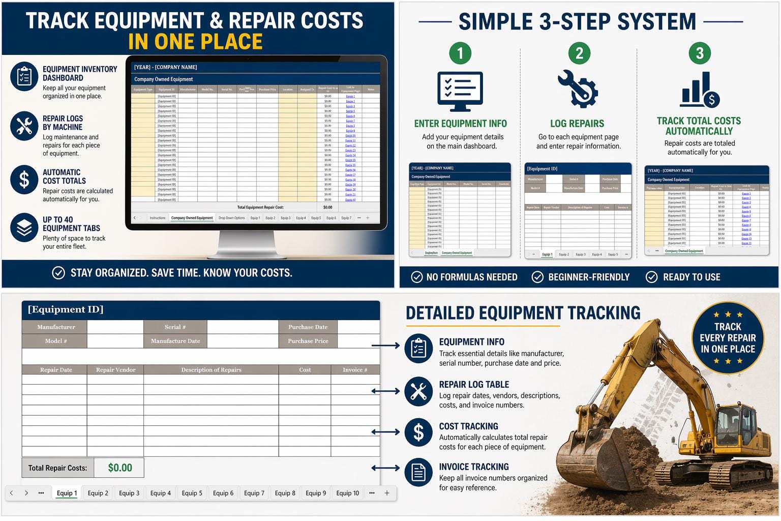 Construction Equipment Tracker Spreadsheet | Maintenance Log, Repair ...