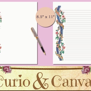 Printable Vintage Floral Stationery 8.5x11 Digital Flower Border Lined Writing Paper Vintage Letterhead US Letter Size PDF JPG 300 dpi