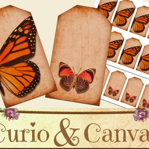 Vintage Grunge Butterfly Labels Ephemera 2&quot;x3.5&quot; Printable Label Sheets Gift Tags for Junk Journal or Scrapbooking Digital 300 DPI JPG PDF
