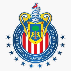 May include: A blue and white circular logo with the text "Club Deportivo Guadalajara S.A. de C.V."  The logo features a red and white striped shield with a yellow crown and a green tree inside.  There are eight white stars around the circle.