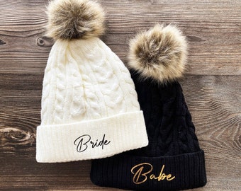 Bride Beanie With Faux Fur Pom Pom, Winter Bachelorette  display picture 2
