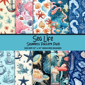 May include: A set of 12 digital seamless patterns featuring various sea life illustrations. The patterns include anchors, starfish, seahorses, jellyfish, coral, and seashells. The patterns are in a variety of colors, including blue, green, pink, and white. The patterns are 300 DPI and 12 inches by 12 inches.