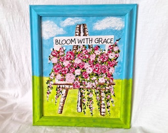 9x11, Bloom With Grace, Original Beautiful Hand Painted Blooming Flowers on a Cute Easel and Frame, 8x10 Canvas