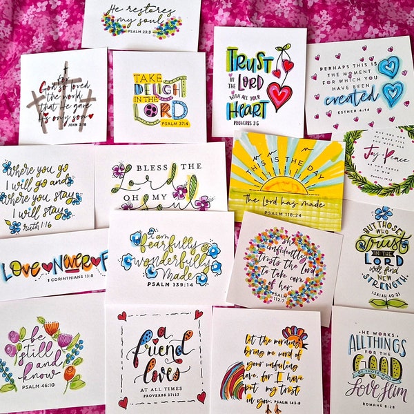 NEW - Set of 17 Scripture Notes, Same scriptures - new designs! Inserts, lunch box notes, scripture blessings. Spread God's love!