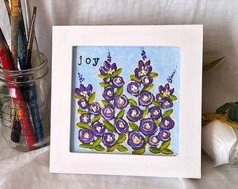 5x5, "Joy" Purple Hollyhock Floral Hand Painted Canvas Art, Always Be Full of Joy!