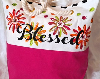 Blessed Canvas Tote, Floral, Pink and Canvas, Hand Painted, 13x15, Flat bottom 6x9