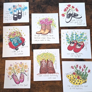 May include: A collection of square art prints featuring watercolor illustrations of shoes, boots, and clogs, each accompanied by a Bible verse. The prints showcase a variety of colors and floral accents, with handwritten text.