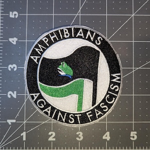 May include: Round patch with the text "AMPHIBIANS AGAINST FASCISM" in a black border. The patch features a black and green flag design with a frog graphic. The patch is on a gray surface.