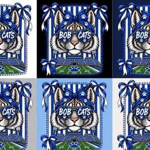 Puede incluir: Un diseño gráfico que muestra un tigre con un pañuelo azul y gafas de sol con el texto BOB CATS en los cristales. El tigre está situado sobre la ilustración de un campo de fútbol, enmarcado por bordes de rayas azules y blancas y lazos.
