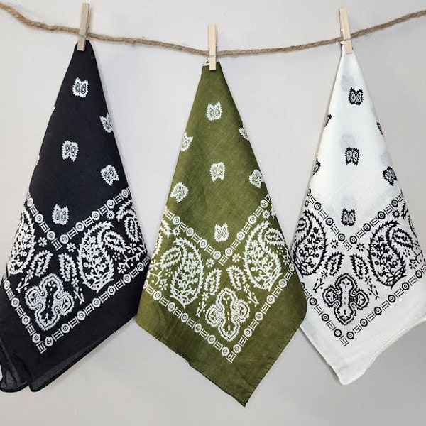 3 pack Black, Olive & White - Soft Cotton Bandanas