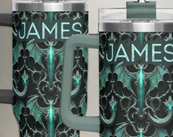 Gamer Mug 40oz Insulated Tumbler With Black Handle and Straw Personalized Green Dragon Dad Gift Pewter Affect Insulated Mug Dupe Dad Gift