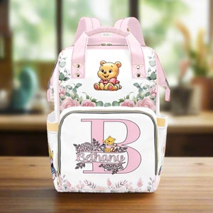 Girl Diaper Bag Personalized Baby Pooh Bear Pink Diaper Bag Backpack Girl Floral Baby Shower Gift Waterproof Mommy Bag Backpack Gift Idea