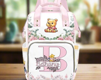 Girl Diaper Bag Personalized Baby Pooh Bear Pink Diaper Bag Backpack Girl Floral Baby Shower Gift Waterproof Mommy Bag Backpack Gift Idea