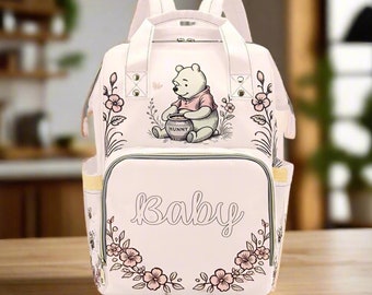 Diaper Bag Winnie the Pooh Vintage Pink Diaper Backpack Floral Mommy Bag Girl Pink Baby Shower Gift Waterproof New Mom Backpack Gifting Idea