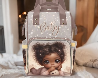 Personalized Custom Designer Diaper Bag With Black Baby Girl Pigtails, PJs, Moons and Stars Diaper Backpack Waterproof Backpack
