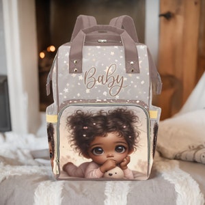 Personalized Custom Designer Diaper Bag Black Baby Girl Pigtails PJs Moons and Stars Diaper Backpack Baby Shower Gift Waterproof Backpack