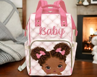 African American Custom Diaper Bag Personalized Diaper Backpack Custom African American Girl Natural Afro Pigtails Girl Diaper Bag Backpack