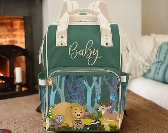 Gender Neutral Unisex Cute Forest Animals, Baby Name On Green | Waterproof Backpack | Mommy Bag | Diaper Bag Backpack | Custom Diaper Bag