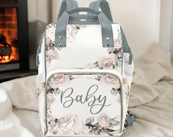 Girl Diaper Bag Backpack Personalized Faded Vintage Roses Baby Shower Gift Diaper Bag Waterproof Diaper Bag Backpack Floral Mommy Bag Gift