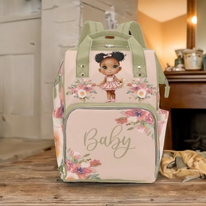 African American Baby Girl Diaper Backpack Cute MultiFunction Waterproof Diaper Backpack Bag for Girl Floral Mommy Bag Waterproof Baby Bag