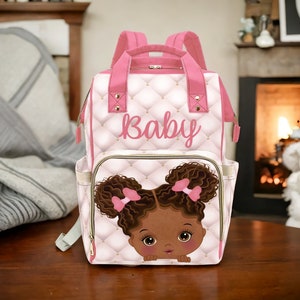 African American Custom Diaper Bag Personalized Diaper Backpack Custom African American Girl Natural Afro Pigtails Girl Diaper Bag Backpack