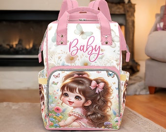 Personalized Diaper Bag, Baby Girl Pink Bows Meadow and Butterflies Diaper Backpack, Waterproof Girl Diaper Bag