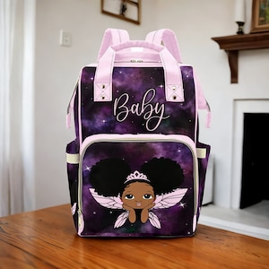African American Girl Diaper Bag Backpack Custom Diaper Bag Baby Shower Gift Fairy Princess Custom Diaper Bag Cosmic Waterproof Backpack