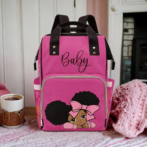 Custom Diaper Bag | Several Colors | Cutest African American Baby Girl With Natural Afro Pigtails | Waterproof Girl Diaper Bag Backpack