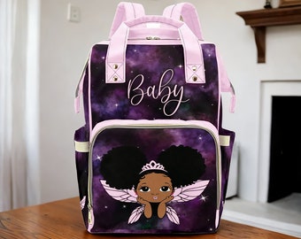 Diaper Bag Backpack | Custom Diaper Bag | Cutest African American Baby Girl Fairy Princess Custom Diaper Bag - Cosmic Waterproof Backpack