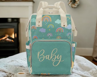 Diaper Bag Backpack | Custom Diaper Bag | Unisex Rainbows With Baby Name | Green Diaper Bag | Waterproof Multi-Function Backpack | Mommy Bag