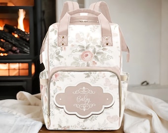 Personalized Dusty Rose Floral Diaper Bag Backpack - Multi-Function Waterproof Backpack