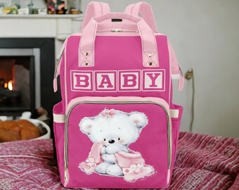 Diaper Bag Backpack | Custom Diaper Bag |  Baby Girl Diaper Bag | Cute Pink Backpack Baby Bag Chocko Blocks Baby Girl Teddy Bear | Mommy Bag