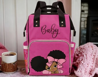 Custom Diaper Bag | Several Colors | Cutest African American Baby Girl With Natural Afro Pigtails | Waterproof Girl Diaper Bag Backpack