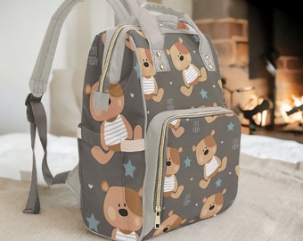 Boy Diaper Bag Backpack | Custom Diaper Bag | Adorable Teddy Bear - Gender Neutral Gray Tones Waterproof Diaper Bag | Mommy Bag | Canvas Bag