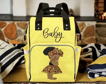 Black Baby Girl Diaper Bag Backpack | Custom Diaper Bag | African American Baby Girl | Vibrant Yellow | Waterproof Backpack | Mommy Bag