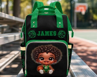 Basketball Diaper Bag Backpack Boy Baby Shower Gift African American Baby Boy Black Green Waterproof Backpack Diaper Bag Baby Shower Gift