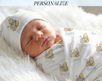 Baby Gift Set Personalized Winnie the Pooh Baby Blanket Custom Name Baby Gift Boy Baby Shower Gift Set Blue Hat Blanket Gifting Idea