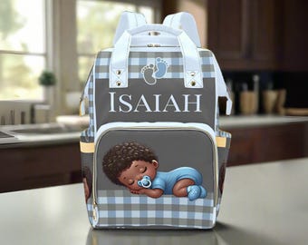Black Baby Boy Custom Diaper Bag Baby Shower Gift Blue Diaper Bag Backpack Ethnic Personalized Mommy Bag Baby Gift Backpack Plaid Diaper Bag