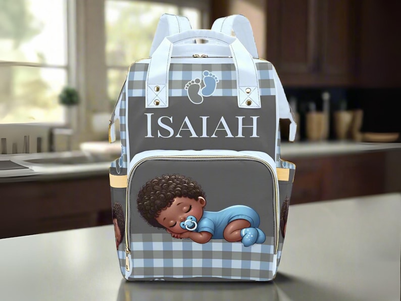Black Baby Boy Custom Diaper Bag Bluy Baby Shower Gift Diaper Bag Backpack Ethnic Personalized Mommy Bag Baby Gift Backpack Plaid Diaper Bag