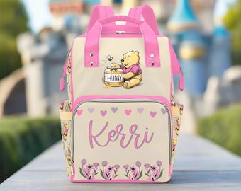 Pink Diaper Bag Girl Winnie the Pooh Personalized Custom Diaper Bag Backpack Baby Shower Gift Waterproof Mommy Bag Backpack Gifting Idea