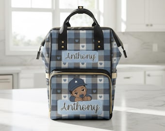 Boy Baby Bag Black Baby Gingham Heart Diaper Bag Custom Backpack Boy Personalized Blue Baby Shower Gift Flannel Felt Look Canvas Mommy Bag