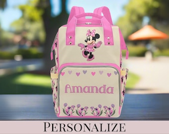 Minnie Mouse Diaper Bag Personalized Hot Pink Custom Diaper Bag Backpack Baby Shower Gift Waterproof Mommy Backpack Gifting Idea for New Mom