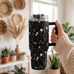 Wildflower Black Tumbler With Handle Straw Included Perfect Gift Botanical Design 40oz Insulated Coffee Cup Stainless Steel Travel Mug Large Capacity Beverage Container Hot Cold Drinks Temperature Control Daily Hydration Essential Reusable