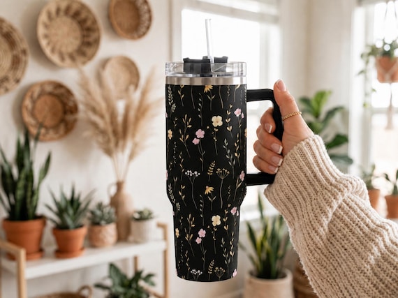 Wildflower Black Tumbler with Handle Straw Included Insulated Coffee Cup 40oz Stainless Steel Travel Mug Large Capacity Beverage Container