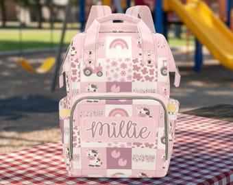 Custom Girl Baby Bag Baby Name Backpack Personalized Diaper Bag Cow Patchwork Baby Shower Gift Diaper Bag Pink Mommy Bag Boy Diaper Bag
