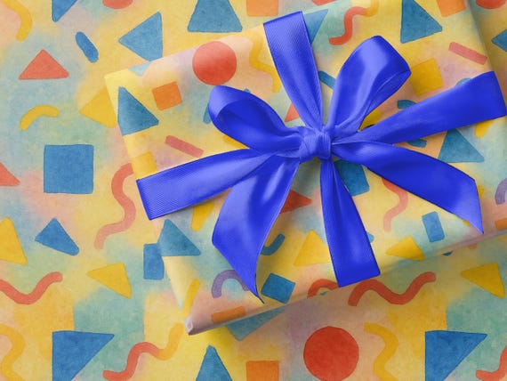 Birthday Wrapping Paper Colorful Gift Wrap Kids Celebration Sheet Eco Friendly Unique Custom Eclectic Pattern Yellow Blue Geometric Festive