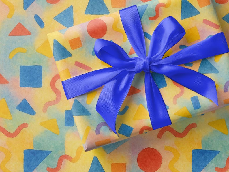 Birthday Wrapping Paper Colorful Gift Wrap Kids Celebration Sheet Festive Party Supplies Geometric Pattern Design Yellow Blue Colors Eco Friendly Wrapping Paper Matte Finish Custom Eclectic Pattern Vibrant Anniversary Gift Wrap Kids