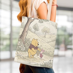 Winnie the Pooh and Piglet Tote Bag Vintage Inspired Canvas Shopping Tote Bag Gift For Mom Pooh Bear Book Tote Bag Gifting Idea For Her