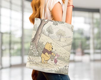 Winnie the Pooh and Piglet Tote Bag Vintage Inspired Canvas Shopping Tote Bag Gift For Mom Pooh Bear Book Tote Bag Gifting Idea For Her